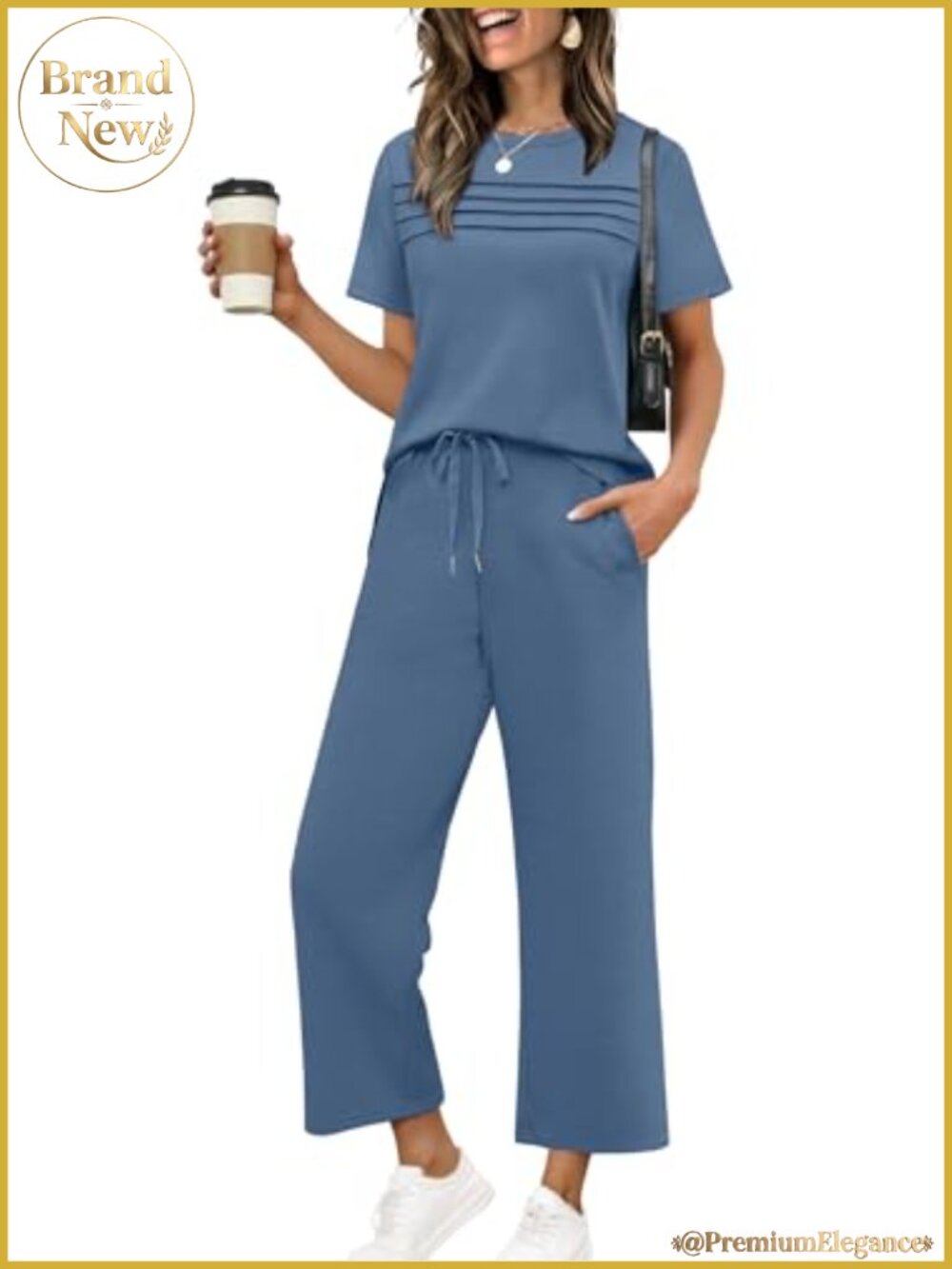 WIHOLL Two Piece Set Wide Leg Crop Pants Short Sleeve Lounge Travel